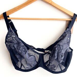 Lajaby Navy Blue Sheer Floral Underwire Bra 32G